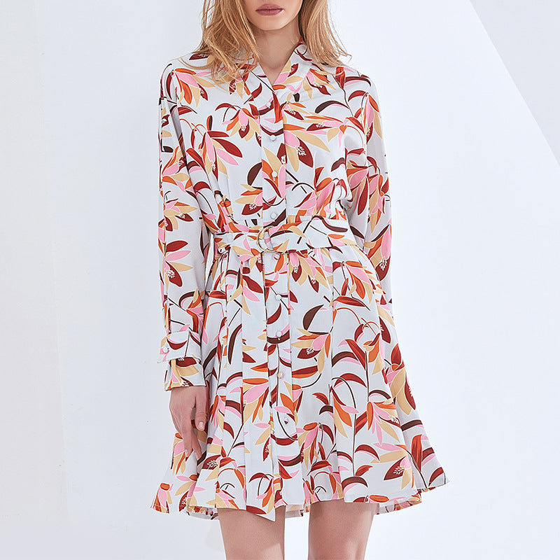 European and American fashion V-neck retro printed ruffled bright single-breasted waist dress