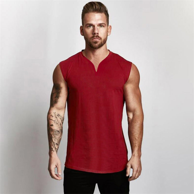 European and American solid color summer small V-neck sports vest male bodybuilding fitness sleeveless T-shirt running training top cotton