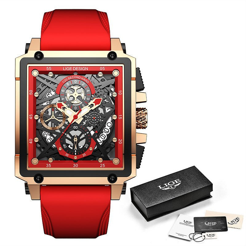 LIGE/Lige cross-border new men's watch square multi-function chronograph 30M waterproof watch