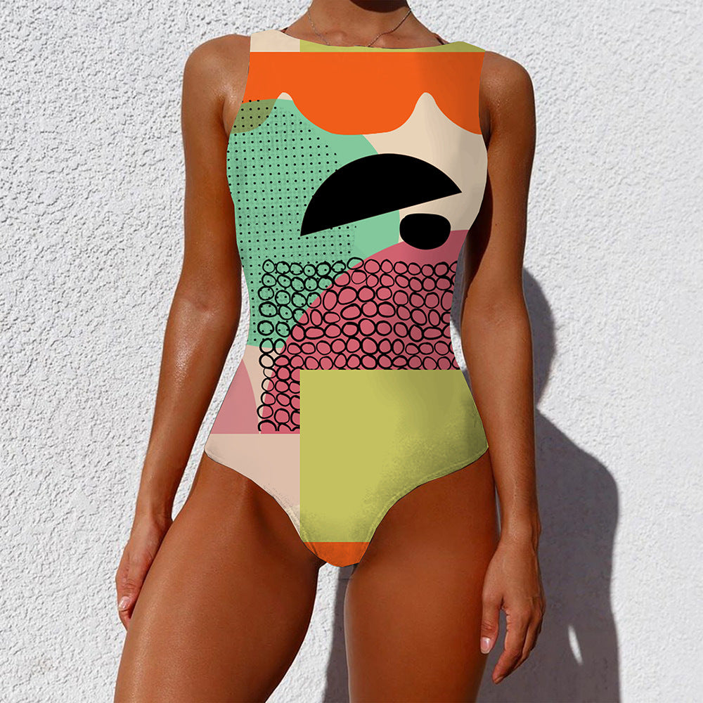 European and American one-piece bikini personality abstract printing independent stand swimsuit