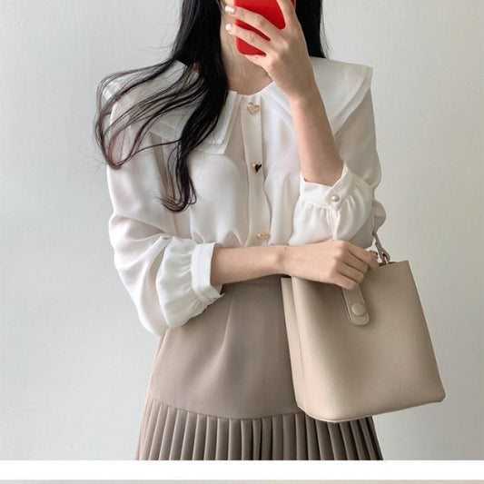 Chiffon shirt suit female temperament two-piece design double-layer doll collar top half-length pleated skirt