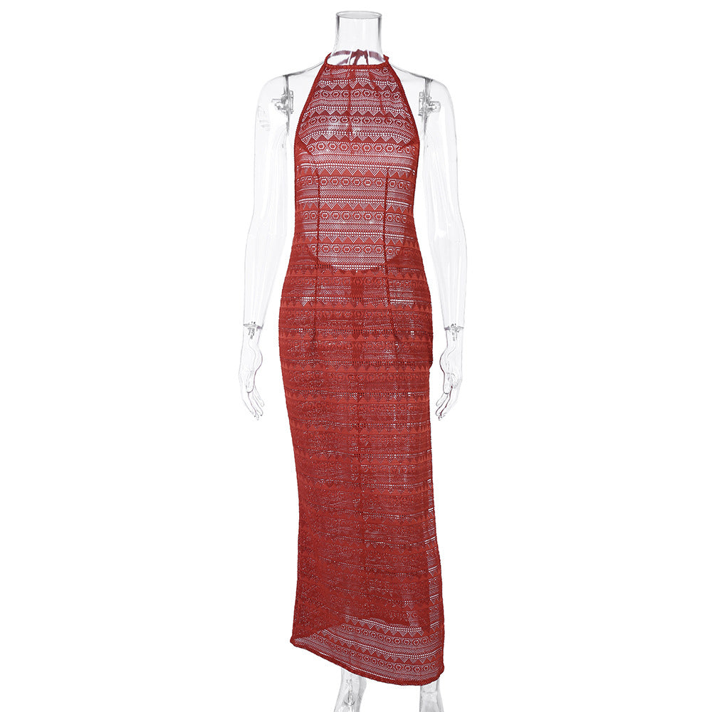 European and American women's clothing lace up neck hollow perspective sexy long skirt sleeveless dress