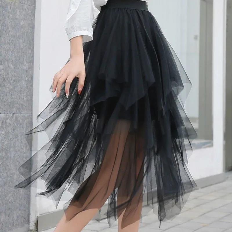 European and American irregular hem irregular mesh stitching fluffy skirt high waist gauze skirt fairy mid-length skirt