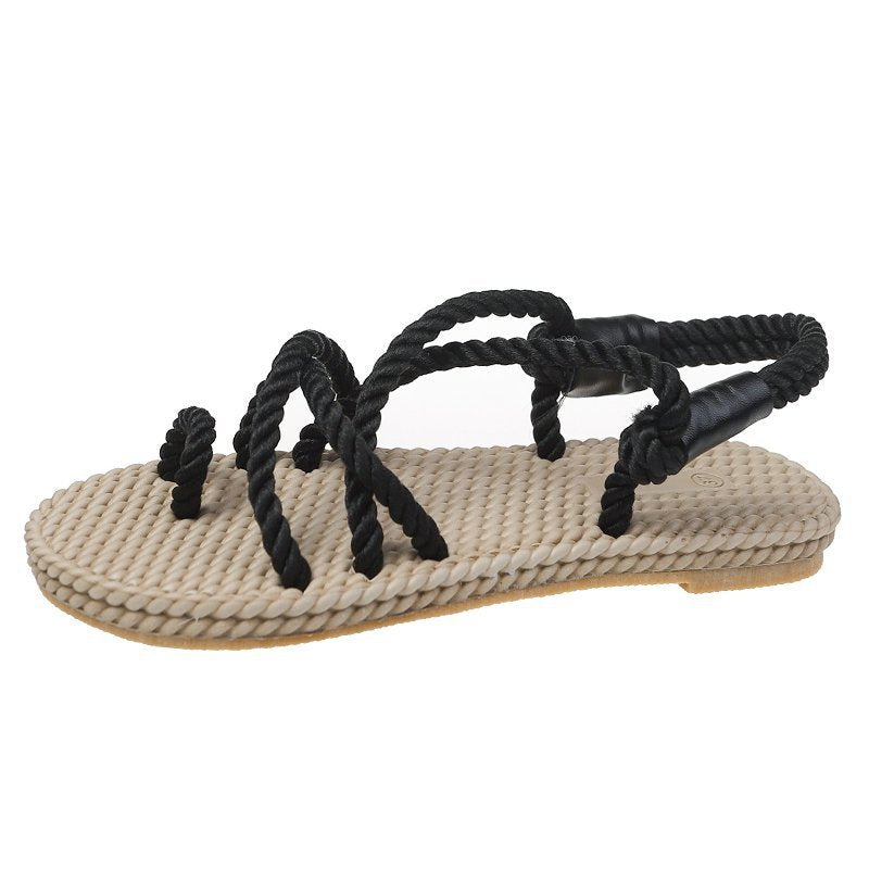 Hemp rope sandals women new style flat women's shoes comfortable set toe cross strap casual beach sandals