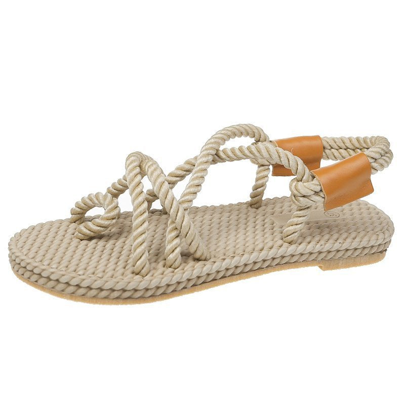 Hemp rope sandals women new style flat women's shoes comfortable set toe cross strap casual beach sandals