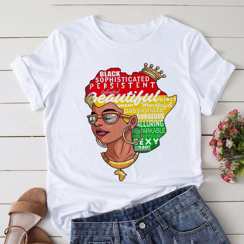 European and American Casual Cartoon Feminism Cartoon African Girl Printed Ladies T-shirt