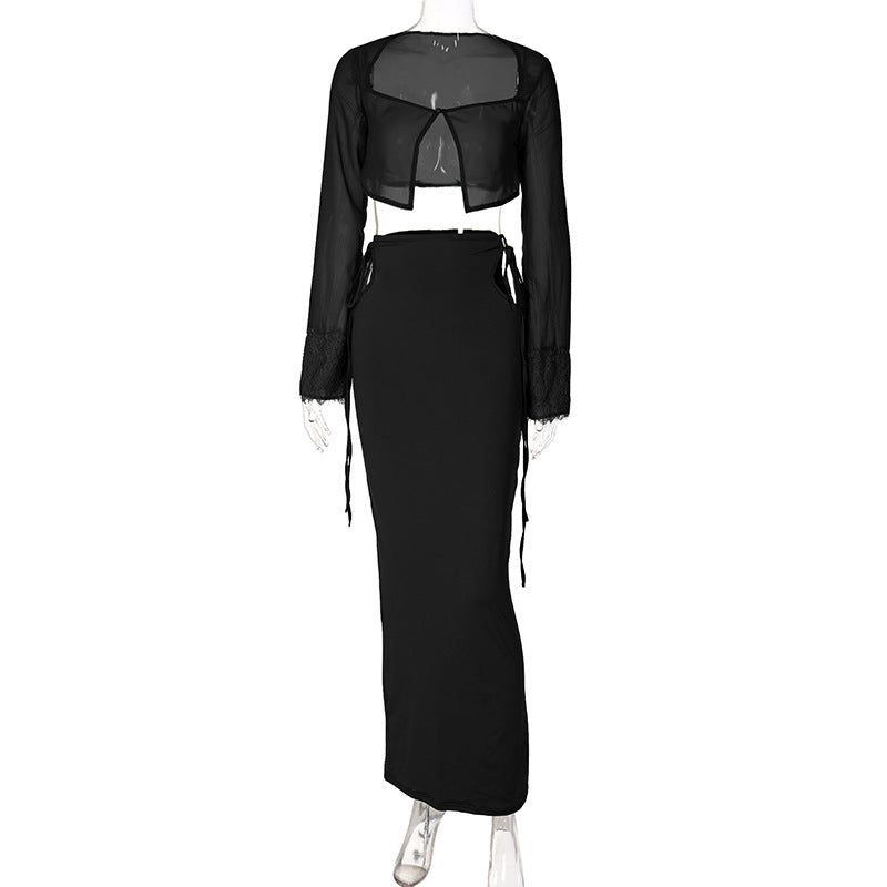 Europe and the United States long-sleeved T-shirt cardigan hollow tie half-length skirt suit