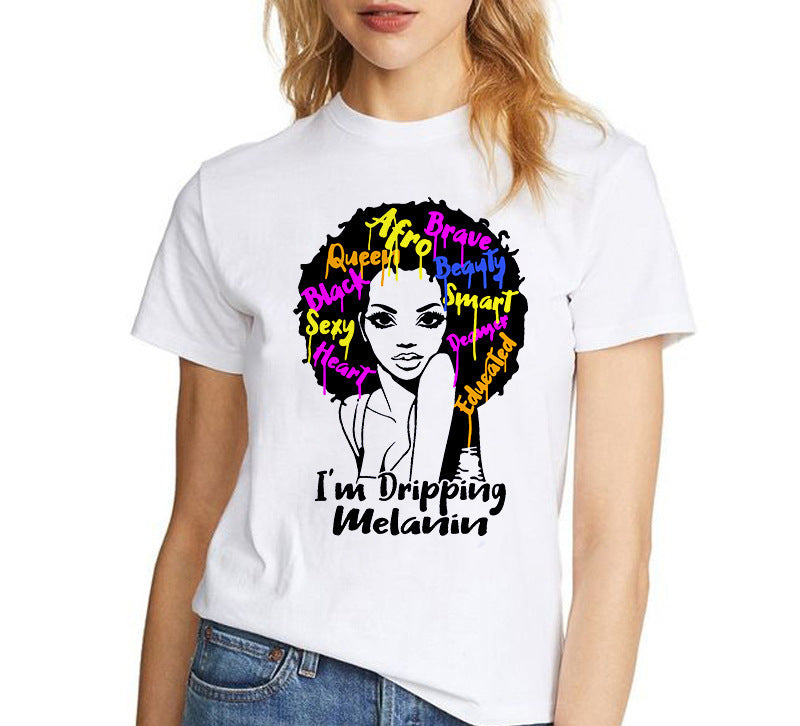 European and American Casual Cartoon Feminism Cartoon African Girl Printed Ladies T-shirt