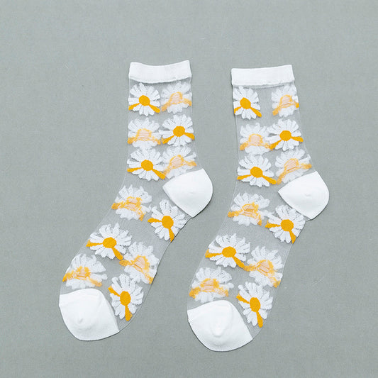 Small daisy card stockings tube women's socks ins tide glass silk socks women summer light and breathable pile socks