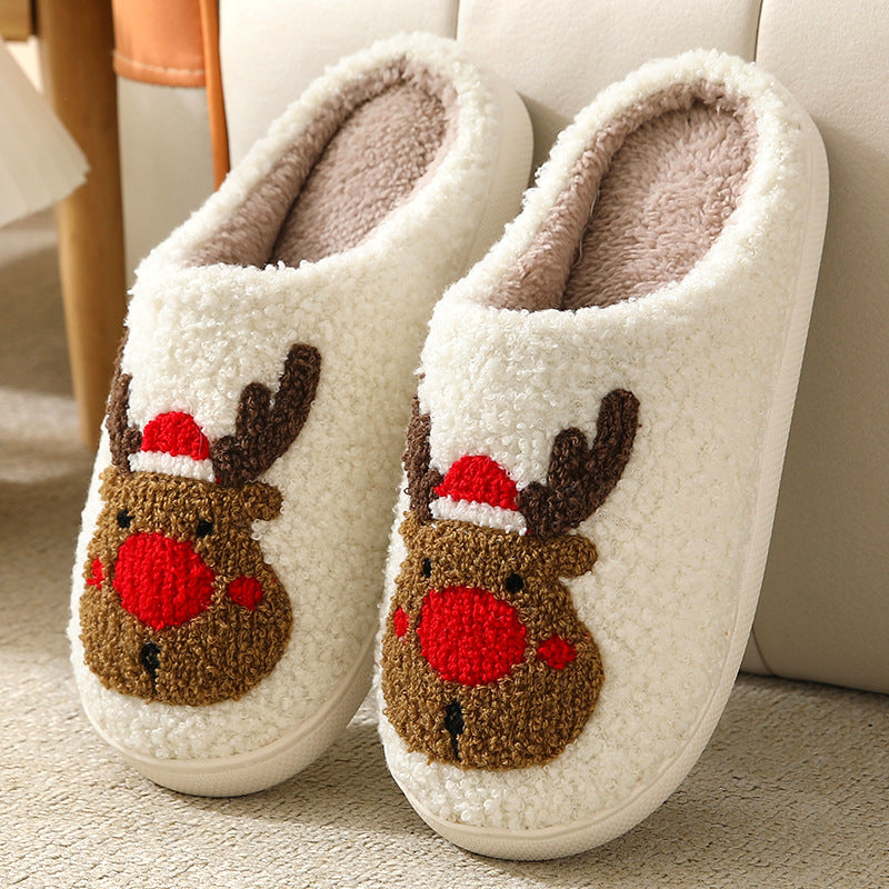 New Christmas elk cotton slippers for men and women cute non-slip couple indoor plush cotton shoes