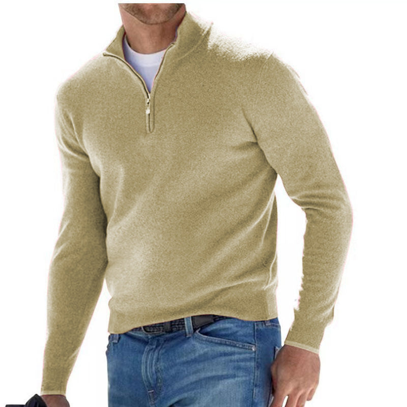 European and American long-sleeved V-neck cashmere zipper men's casual top polo shirt