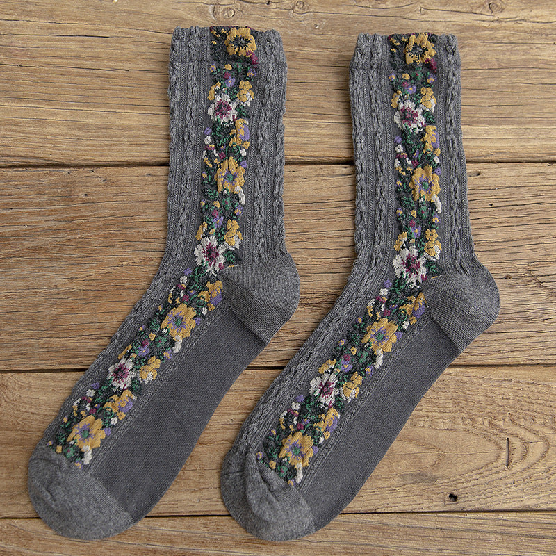 New product linen pattern women's socks retro small floral jacquard fashion socks personalized socks