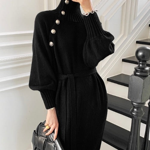 Japanese and Korean lace-up waist knitted dress loose and thin all-match turtleneck long sweater