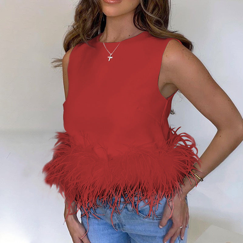 European and American back zipper sleeveless stitching feather vest T-shirt top