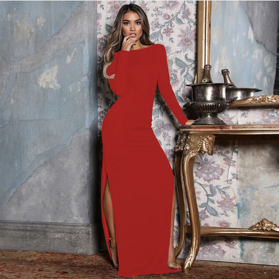 European and American sexy backless slit long-sleeved floor-length dress