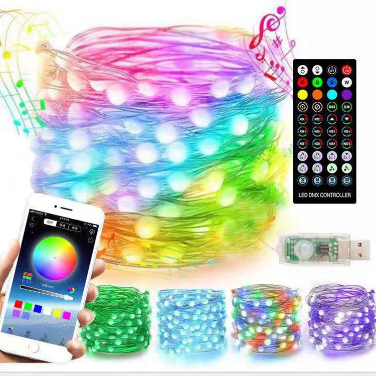 New mobile phone APP Happy running water string lights point-controlled three-wire Bluetooth USB copper wire string lights Christmas music sound control lights