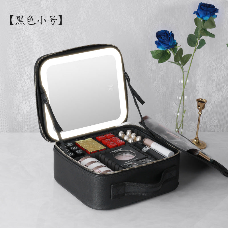 Cosmetic storage box desktop with light makeup box with mirror makeup bag portable portable with makeup artist storage bag