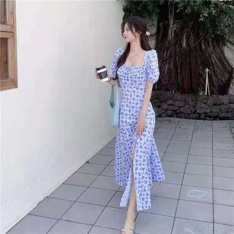 French Tea Break Square Collar Floral Dress Women's Summer New Super Fairy Sen First Love Bellflower Sweet Split Skirt