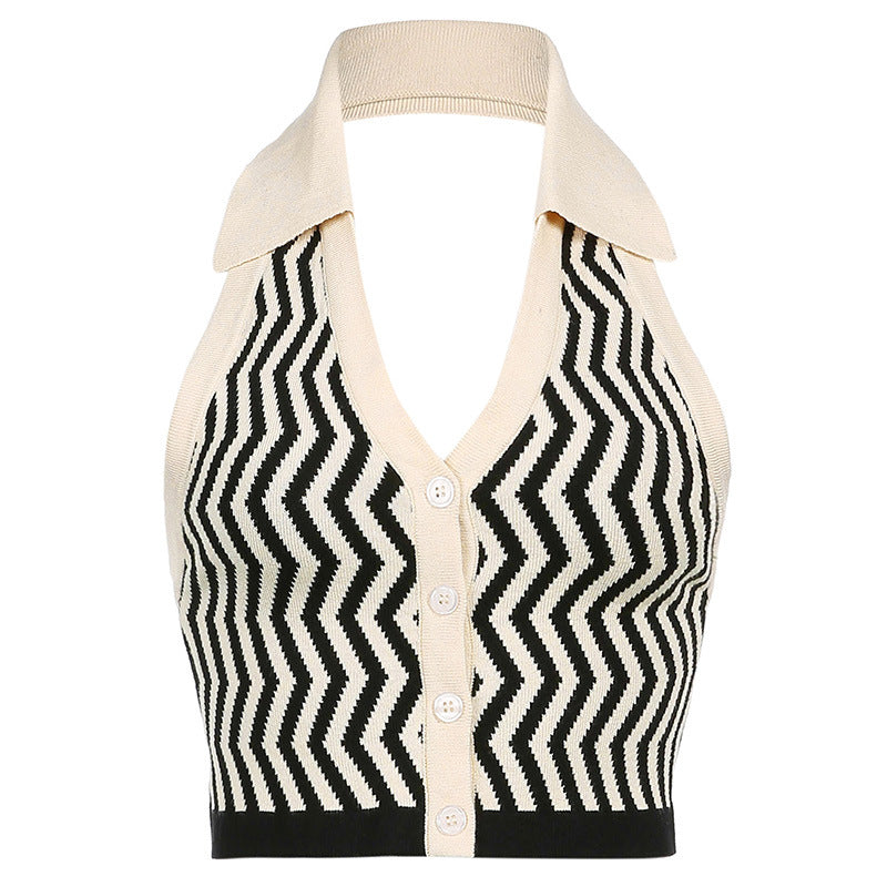 Sexy fashion strapless lapel halter vest wave stripe halter vest