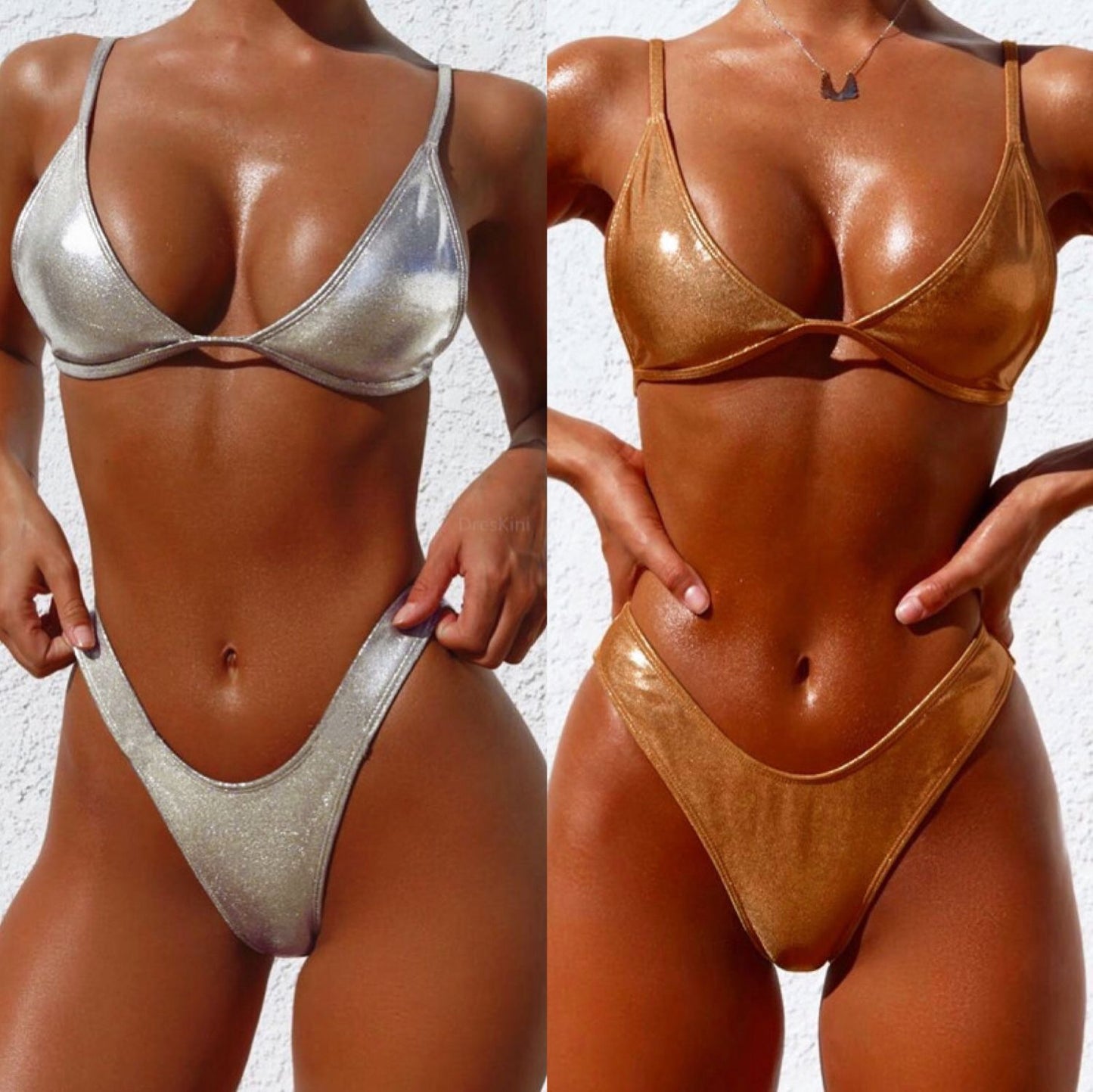 Europe and America bright leather solid color exposed sexy goddess bikini split swimsuit