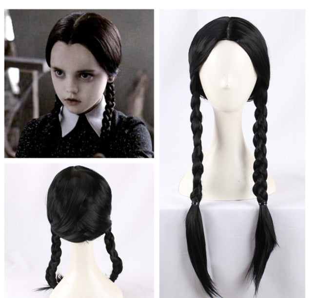 Addams family daughter Wednesday Addams black mid-section twist braid Halloween cos wig
