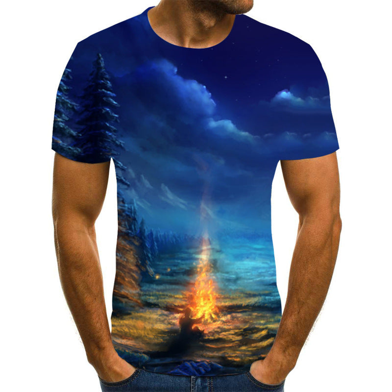 European and American cross-border new couple printing T-shirts, beautiful scenery 3D digital printing men's short sleeves