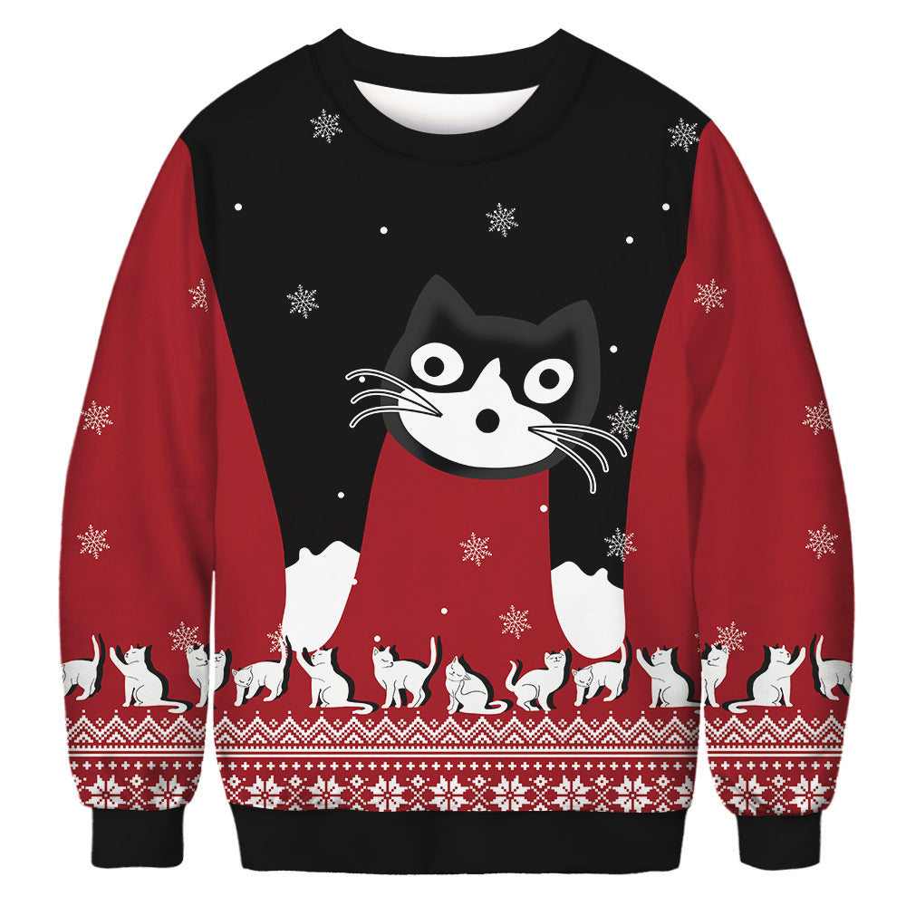 New cat Christmas digital printing couple dress round neck pullover long sleeve casual sweater