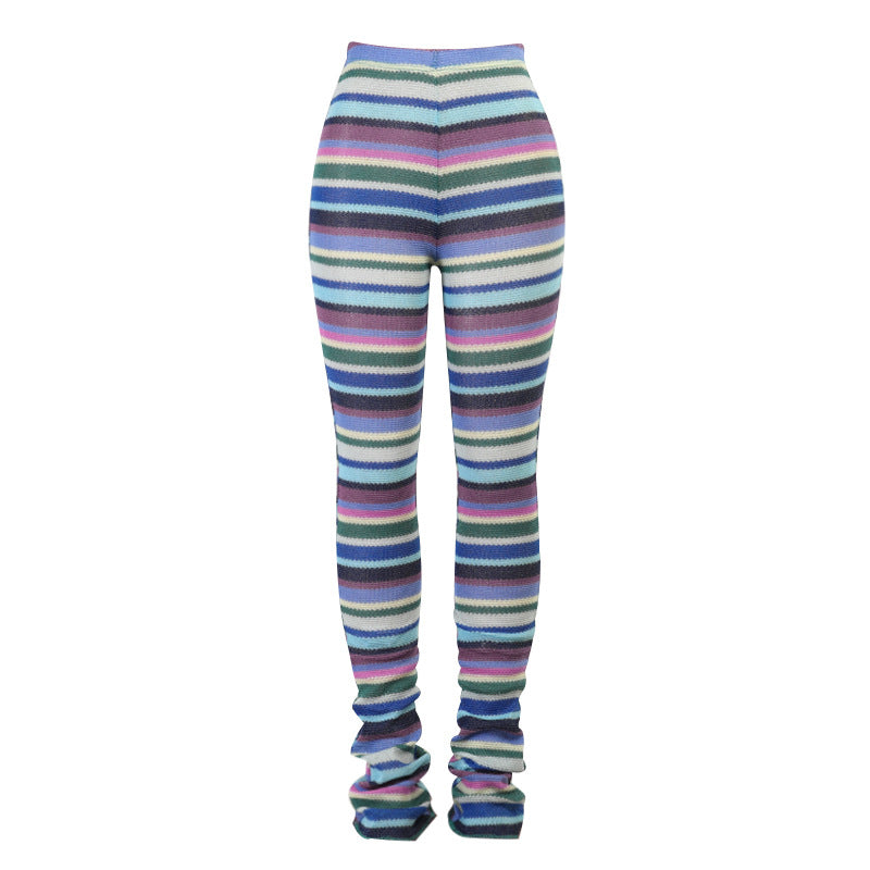 European and American cross-border fashion striped pile pile pants women's knitted trousers