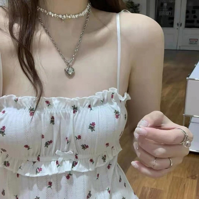 New pastoral style floral suspender dress girl sweet sexy tube top nightdress gentle temperament waist pajamas