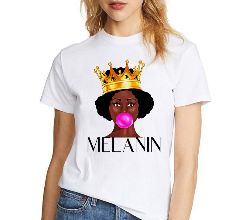 European and American Casual Cartoon Feminism Cartoon African Girl Printed Ladies T-shirt