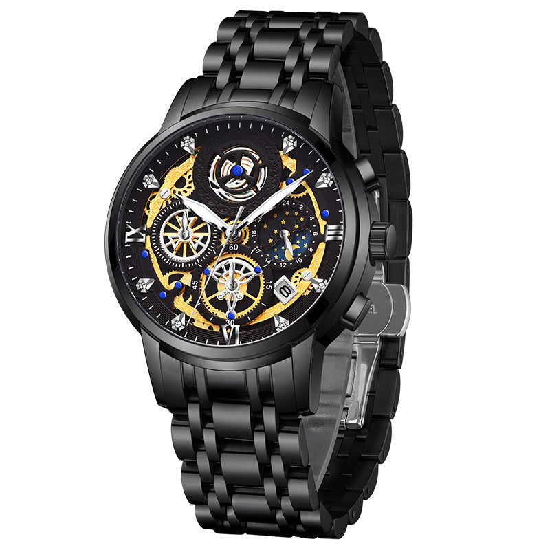 Popular watch men's stainless steel multi-function quartz watch non-mechanical watch watch hollow carved men's watch