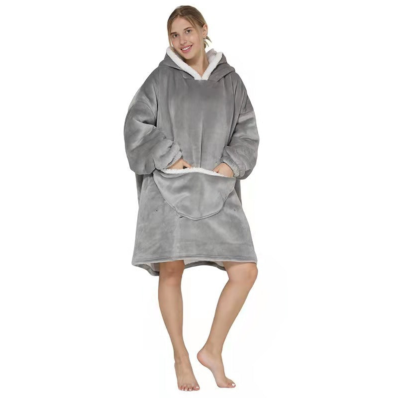 Lazy blanket flannel composite lamb wool pullover sweater TV blanket hooded lazy outdoor warm pajamas