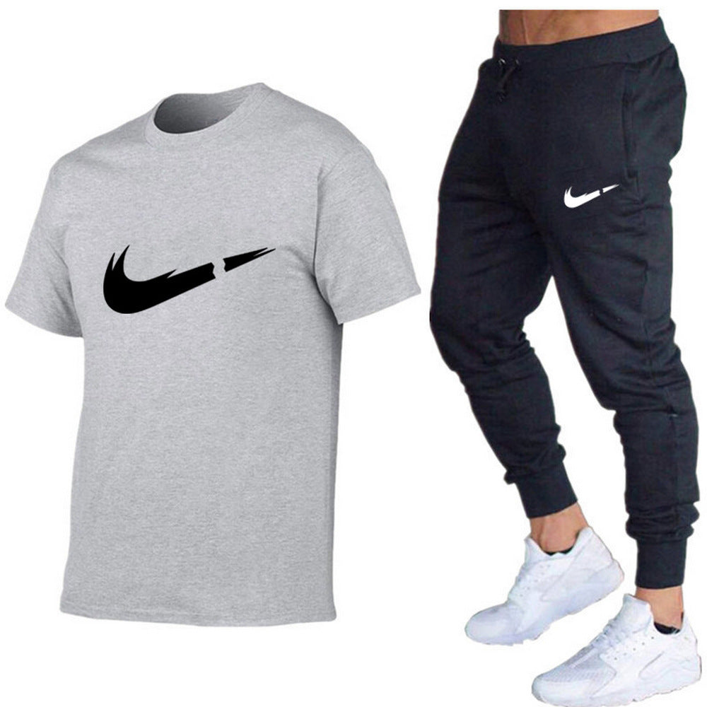 European and American men's running casual short-sleeved T-shirt + sports trousers two-piece jogging suit