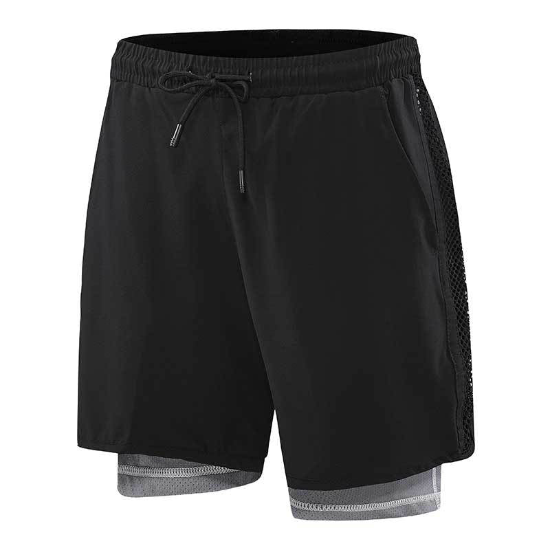 Summer men's sports black moisture-wicking sweatpants stitching net fake two-piece men's shorts