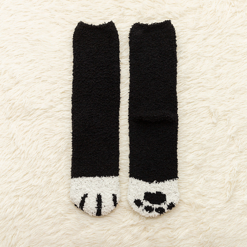 Coral fleece mid-tube socks women's thickened warm cartoon cat claw socks sweet floor socks confinement sleep socks