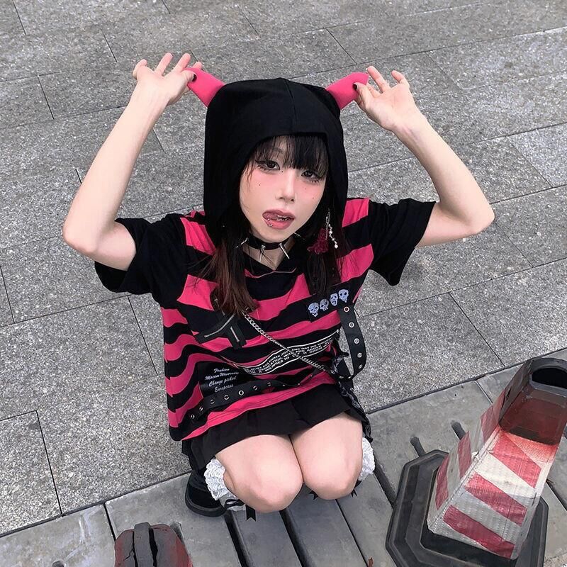 European and American new striped personality hooded cat ears hooded T-shirt