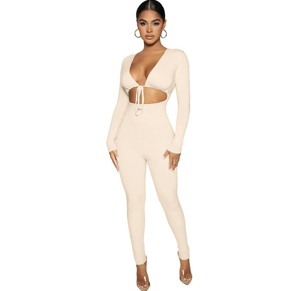 Solid color tight sexy umbilical lace-up hollow long-sleeved slim-fit jumpsuit