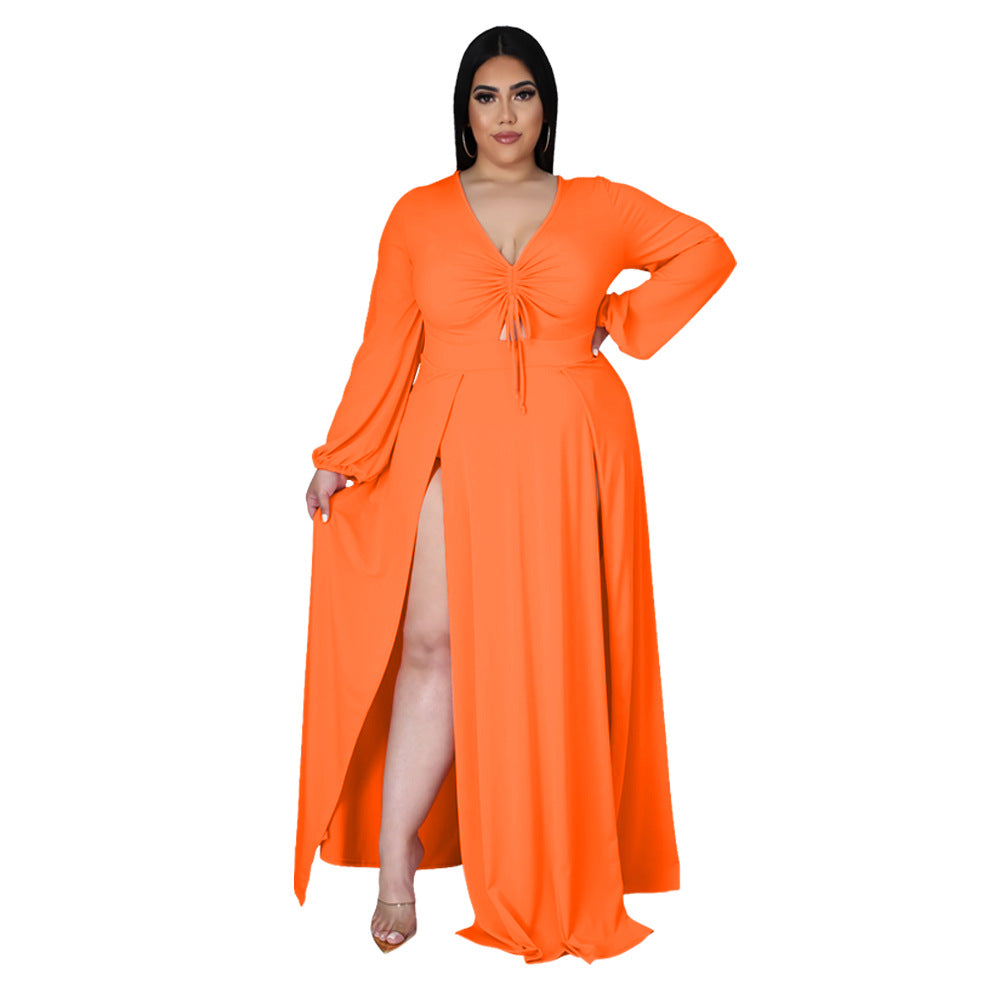 European and American fashion sexy V-neck solid color plus size dress