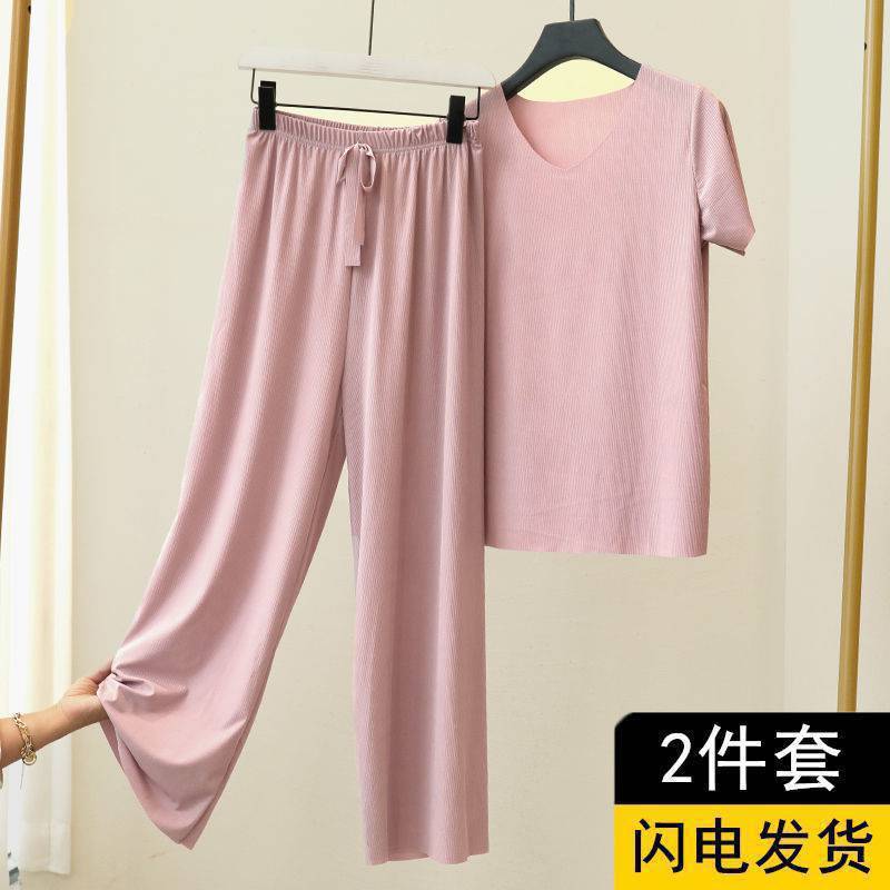 Summer ice silk pajamas two-piece short-sleeved women's new home wear casual loose wide-leg pants pajama pants