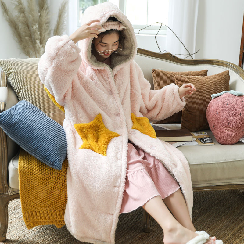 Pajamas women coral fleece stars long style can be worn outside flannel plus size nightgown women winter nightdress home service