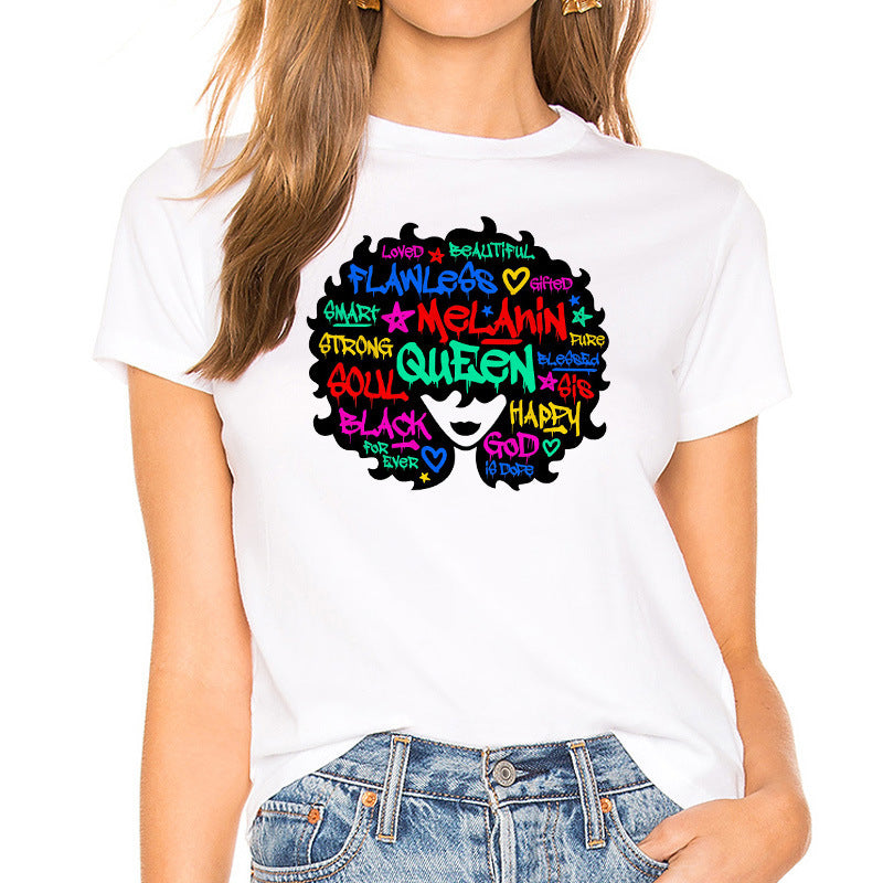 European and American Casual Cartoon Feminism Cartoon African Girl Printed Ladies T-shirt