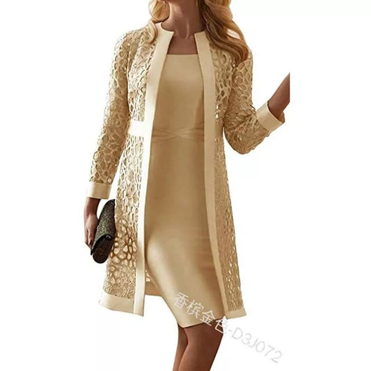 European and American solid color lace cardigan round neck dress two-piece set