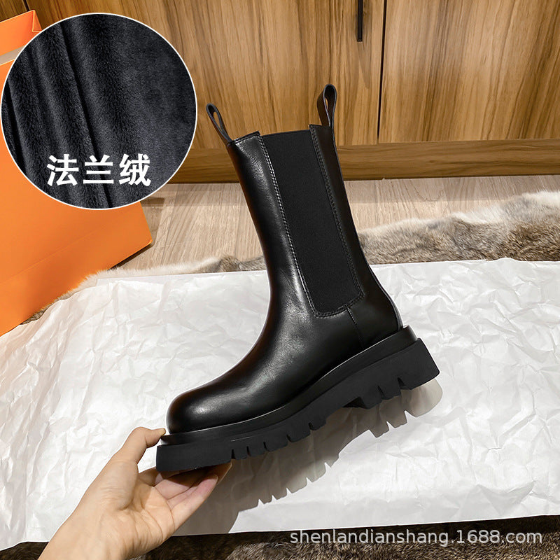 Chimney boots women's mona same style thick-soled Martin boots women's mid-tube heightened leather Chelsea short boots