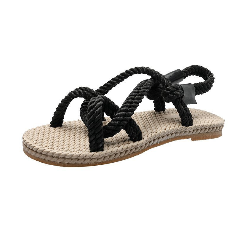 Hemp rope sandals women new style flat women's shoes comfortable set toe cross strap casual beach sandals