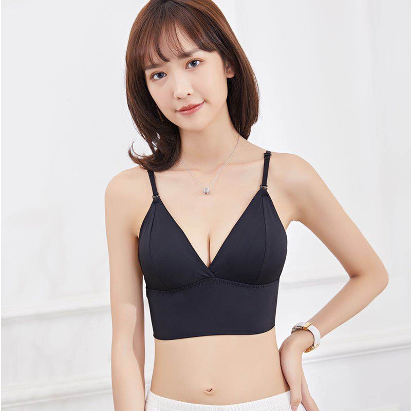 The new ice silk underwear female big U-shaped halter one-word buckle camisole without steel ring hanging neck triangle cup bra