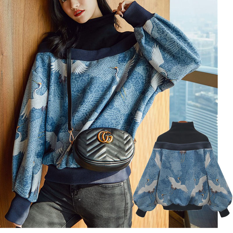 European and American women's clothing high-neck long-sleeved pattern printing fake two-piece loose sports pullover sweater