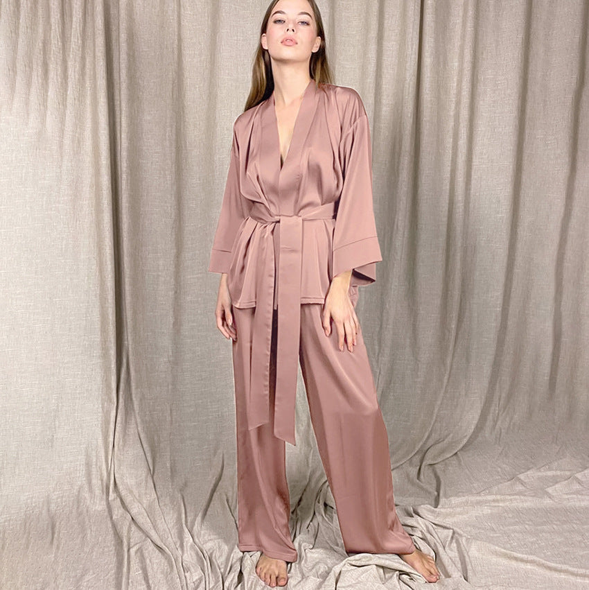 Satin long-sleeved cardigan lace-up nightgown suit women home loose trousers nightgown