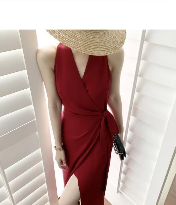 European and American summer new style straps waist waist slim slit retro red dress