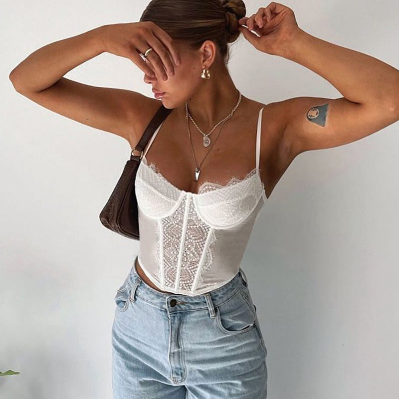 European and American hollow sexy lace pleated tube top sling vest