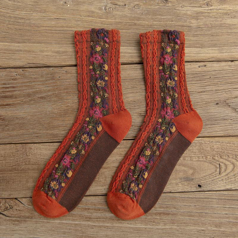 New product linen pattern women's socks retro small floral jacquard fashion socks personalized socks